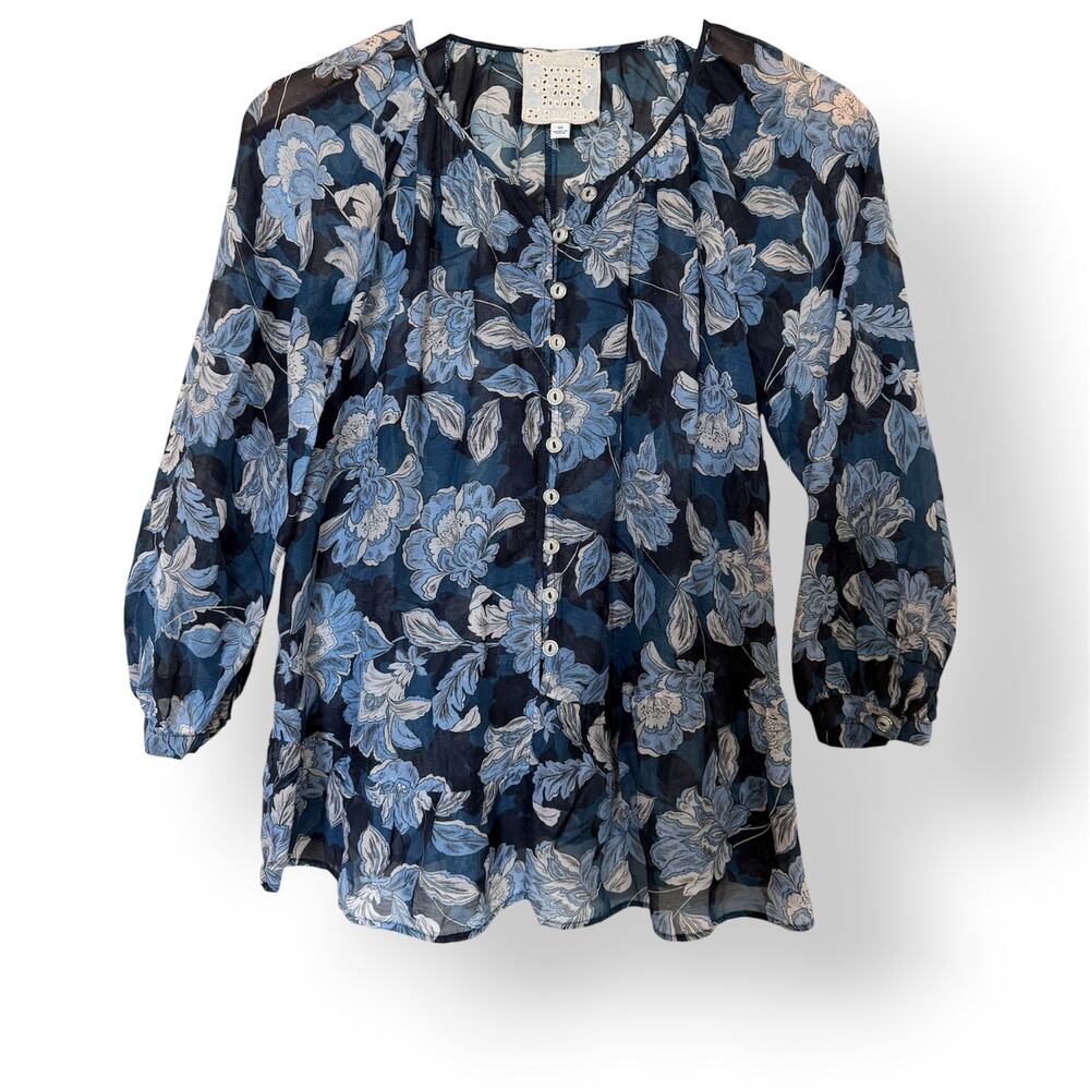 Johnny Was Nerissa Tiered Top Blue Floral Silk Blend Peplum Blouse Size XS